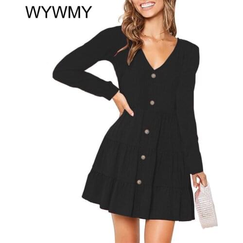 WYWMY Spring Autumn Women Clothing V Neck Long Sleeve Mini Dress Female Empire Single Breasted Patchwork Slim Lady A Line Dress
