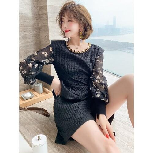 Metal chain pleated lace sleeve top+Womens High Waist Shorts suit 2021 Spring new