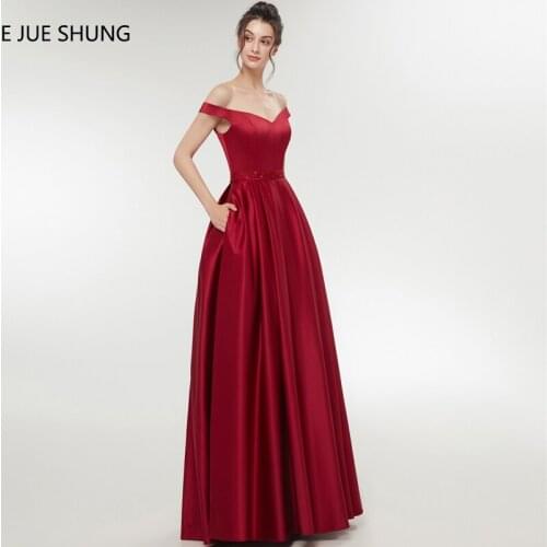 E JUE SHUNG Champagne Burgundy Simple Evening Dresses Long 2018 Off the Shoulder Beaded Formal Dresses Cheap Long Party Dress