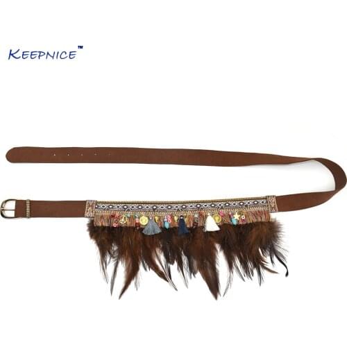 New Ethnic Belt For Women Gypsy Hippie Bohemian Leather Belt Cummerbund For Women Handmade Feather Tassel Flower Belt