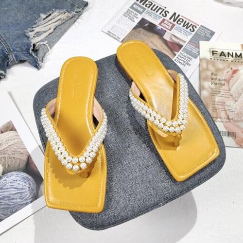 Plus Size 35-44 string bead flip flops women summer beach shoes sandalias mujer slides ins square toe pearl modern slippers 2021