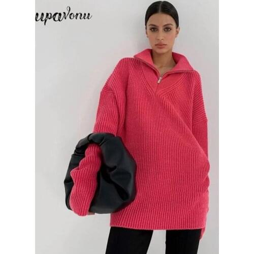 Free Shipping High Neck Zipper Pullover Knit Long Sleeve Loose Knit Sweater Women Casual Sweater 2021 New Fashion Autumn Sweater