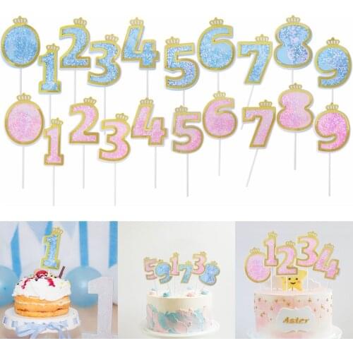 1pc Number Cake Toppers Baby Shower Decorations Pink Blue 0-9 Digital Cake Topper Birthday Party Anniversary Dessert Flags Decor