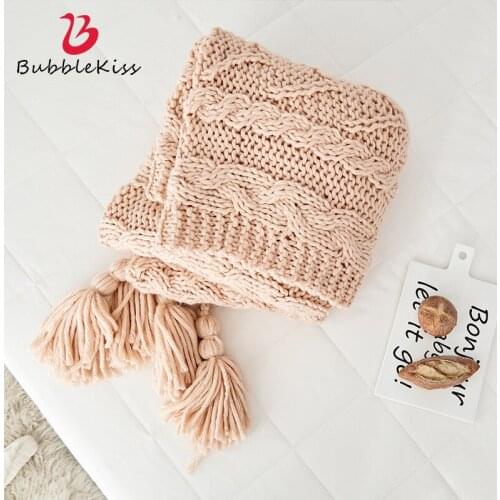 Bubble Kiss Tassel Design Home Sofa Cover Blanket Yellow Anti-pilling Air Conditioning Blanket Pink Knitted Thicken Blanket