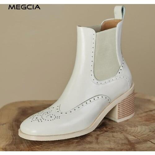 MEGCIA Autumn Shoes Genuine Leather Women Ankle Boots Square Heel Chelsea Boots Brogue Shoes Elegant Winter Designer Boots 2021