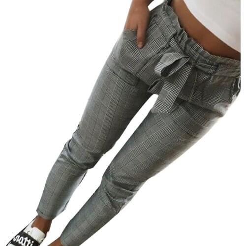 Women Retro Scottish Check Fashion Plaid Pleated High Waist Skinny Pencil Pants Trousers with Sash Fashion Casual Womens Pants