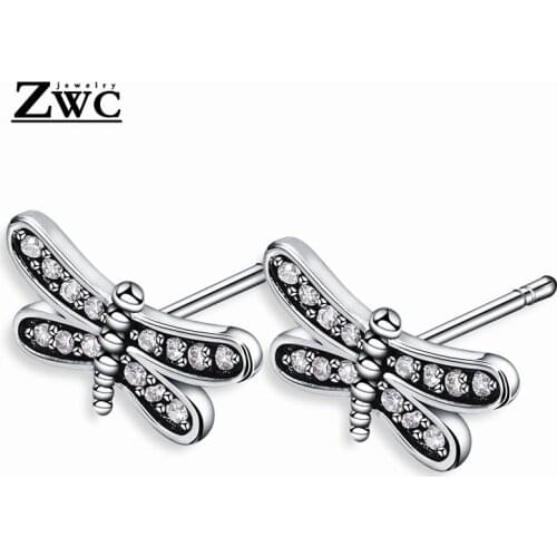 ZWC New Hot Fashion Crystal Inlay Stud Earrings for Women and Girls Wedding Party Vintage Elegant Dragonfly Earrings Gifts