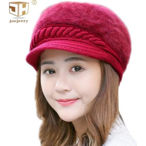 Joejerry Kintted Beret Hat Woman Winter Warm Cap Female Rabbit Fur Hat Girl 2018