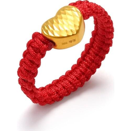 Real 999 24K Yellow Gold Ring Women Gift 3D Carved Heart with Red Cord Weave Ring US5-8