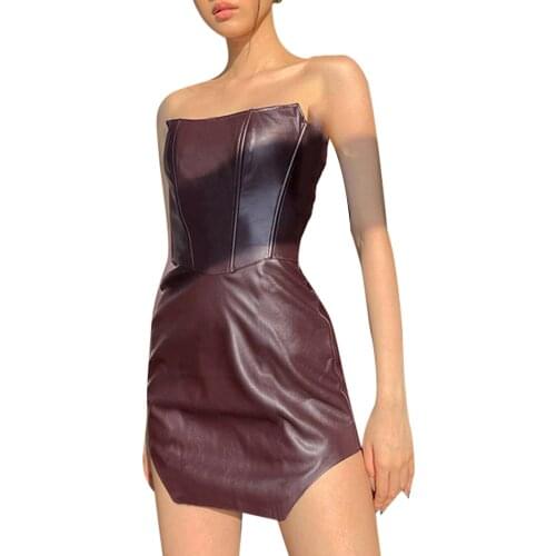 Womens Sexy Tube Tops Dress Fashion Solid Color PU Leather Irregular Skinny Short Dress