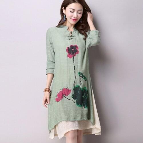 2020 Spring New Womens National Wind Casual Long-Sleeved Cotton Linen Dress Plus Size Long Linen Dresses Simple Printing CX002