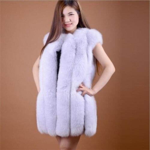 Whole Skin Natural Real Fox Fur Vest Gilet Waistcoat Medium-long O-neck Women Sleeveless Jacket