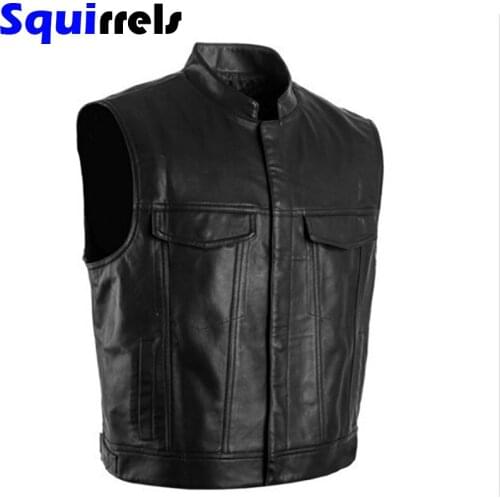 Mens vest motorcycle stand-up collar leather team punk vest spring autumn mens jacket sleeveless casual fashion mens clothing