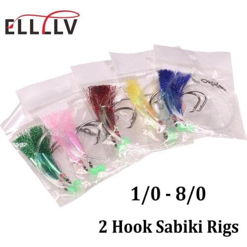10Bags Sea Fishing Shining Fish Skin Bait Sabiki Rigs 2pcs Hooks With Barrel Swivel Pink Yellow Green Red Blue 1/0 - 8/0