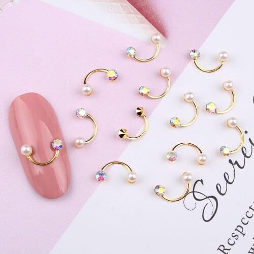 10Pcs 3D Smile-Shape Alloy Nail Art Decoration 10*6mm Metal Charms With Pearl Crystal Rhinestone 6 Color Manicure Accessories Y