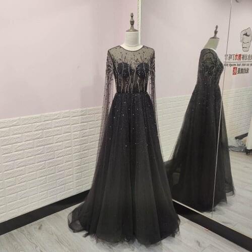 2021 Luxury Full Sleeves Crystals Evening Dresses Dubai Black O-Neck Tulle Beaded Formal Women Party Gown Elegant With Shawl