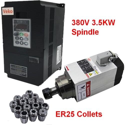 380V 3.5KW 5HP Square Spindle Motor Air Cooled 4 Bearings +4kw VFD inverter + ER25 Collet kit for CNC Engraving machine Router