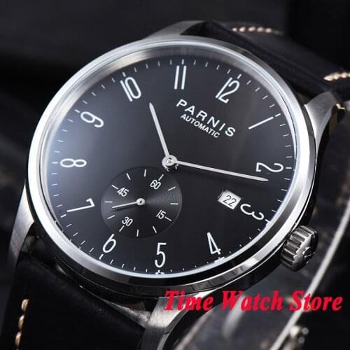 42mm Parnis mens watch concise style black dial silver hands Arabic numerals DATE 5ATM ST1731 Automatic wrist watch men 954