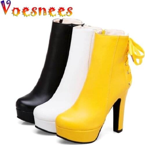 Voesnees Women Shoes Back Lace-Up Ankle Boots 2021 Spring Autumn Side Zipper Thick Heel High Heels 12cm Platform Round Toe Boot