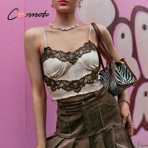 Conmoto Sexy lace patchwork bodycon sleeveless crop top All-match female single breasted vacation camis Basic strap ruffle tanks