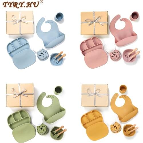 TYRY.HU 7Pcs/Set Baby Silicone Tableware Bib Bowl Spoon Cup Dinner Plate BPA Free Waterproof Non-slip Baby Learning Tableware