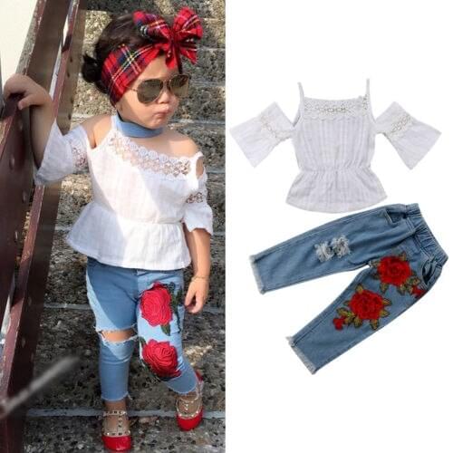 2Pcs Toddler Baby Kid Girls Clothes Set Cold Shoulder Lace Tops Floral Denim Long Pants Jeans Outfits Summer Stylish Clothes