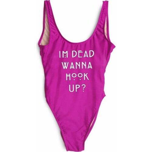 I'm Dead Wanna Hook Up mesh bodysuit one-piece swimwear bodysuit bathing suit beachwear women sexy letter print