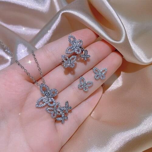 Europe and America Trendy Shiny Zircon Multiple Butterfly Necklace Earrings Ring Women Temperament Elegant Jewelry Three Sets