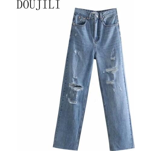 DOUJILI Fashion Womens Pants Straight High Waist Hollow Hole Pants Casual Wearing Popular Long Jeans