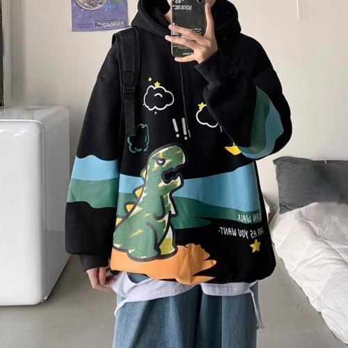 Men Winter Cartoon Dinosaur Print Pullover Long Sleeve Sweatshirt Loose Hoodie