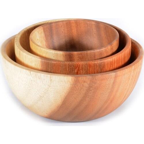 Natural Hand-Made Wooden Salad Bowl Large Round Acacia Wood Salad Soup Dining Bowl Plates Premium Wood Kitchen Utensils Set