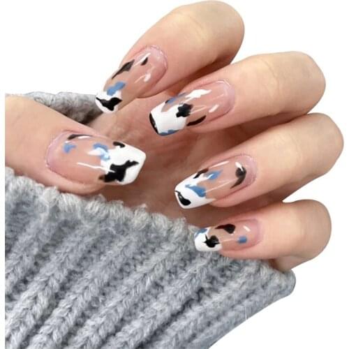 24pcs Cow Pattern False Nails White Flame Fake Nails With Glue Full Cover Coffin Nail Art Tips Nail Accessories Press On Nail