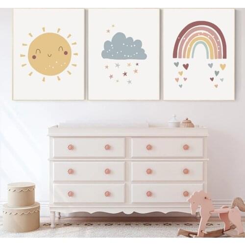 Baby Bedroom Wall Art Posters Print Rainbow Cloud Nursery Wall Canvas Painting Sun Art Child Nordic Wall Art Pictures For Decor