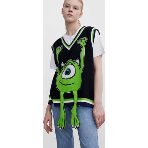 2021 autumn new product womens chic design sense big eyes cartoon pattern jacquard loose knit vest