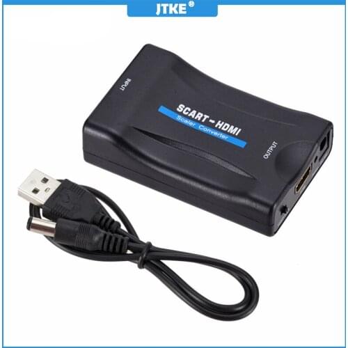 JTKE 1080P SCART To HDMI-compatible Video Audio Upscale Converter Adapter for HD TV DVD for Sky Box STB Plug and Play DC Cable