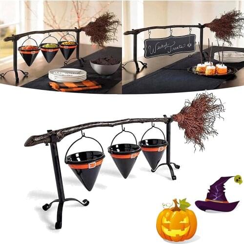Broomstick Snack Bowl Rack with Basket Organizer Halloween Witch Hat Candy Holder Festival Tea Party Xmas Creative Decor Crafts