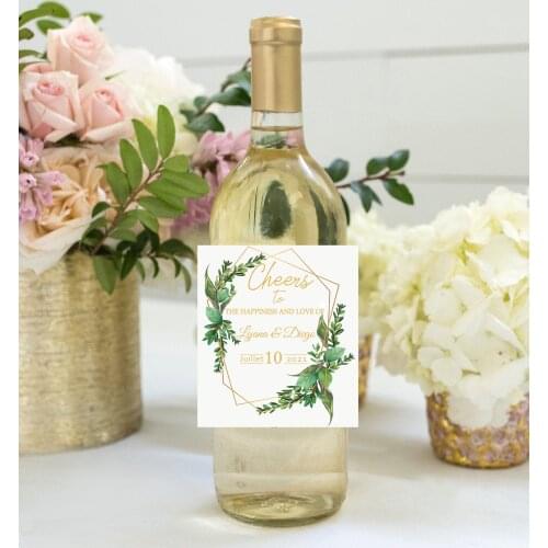 Custom Wedding Wine Bottle Label Gold Geometric Leaf Frame Mini Champagne Bottle Summer Party Decoration Favor Sticker