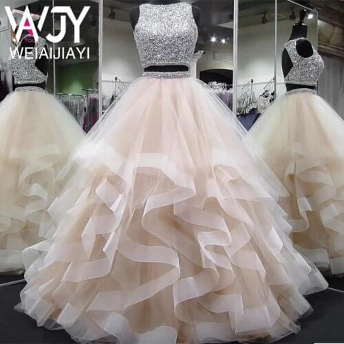 Real Sample Scoop Neck Two Pieces Tiered Puffy Skirt Sweet 16 Ball Gown Quinceanera Dress Long Bling Beading Sexy Prom Dresses