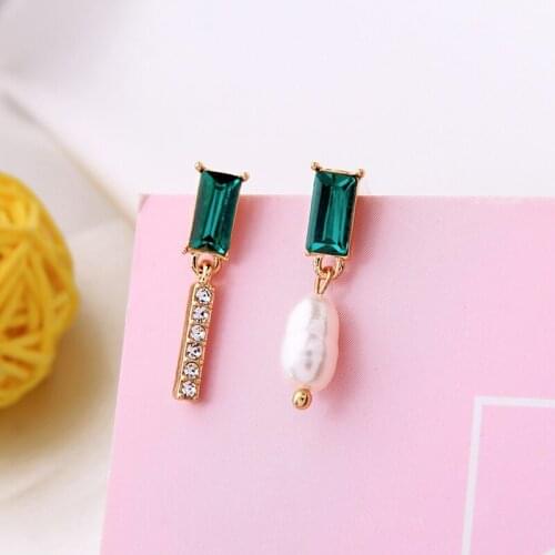 Fresh Water Pearls Drop Earrings Green Glass Asymmetrical Gold Color Crystal Fashion Jewelry