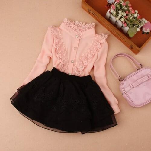 Girls School Blouses Spring Fall Children Clothes Baby Girl Clothes Chiffon Child Shirt Lace Patchwork Blusas Kids Clothes