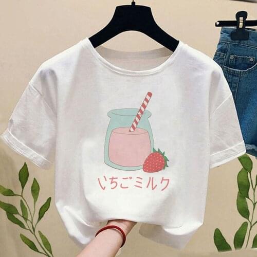 Cute Japan Strawberry Juice Graphic Print T-shirt Women Funny Harajuku Summer Kawaii Tshirts Aesthetic Tee Tops Female