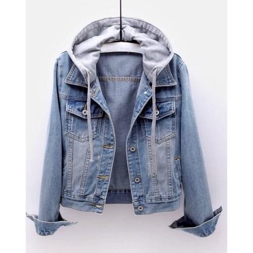 Short Denim Jacket Women Collar Girl Boyfriend Denim Jacket Chest Pocket Slant Pocket Chic Style Hooded Jeans Coats and Jackets
