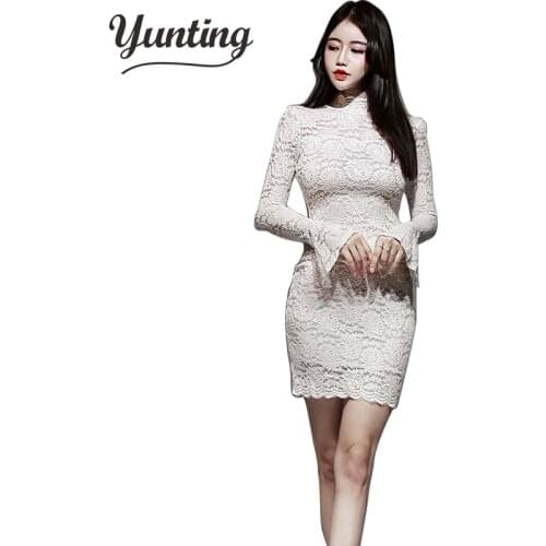 Women Vintage Elegant Lace Hollow Out Party Dress Long Sleeve Solid Sheath Casual Dress 2021 Autumn New Fashion Dress