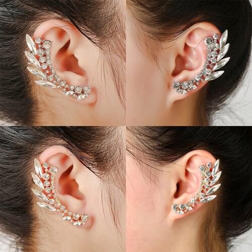 Fashion Angel Wing Full Rhinestone Ear Cuff Popular Leaf Shaped Clear Crystal Jewelry Women Gifts Party Clip Earrings