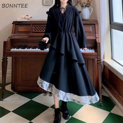 Long Sleeve Dress Women Hepburn Temperament French Style Elegant Fashion Black Party Spring Lace Patchwork Vintage Midi Oversize