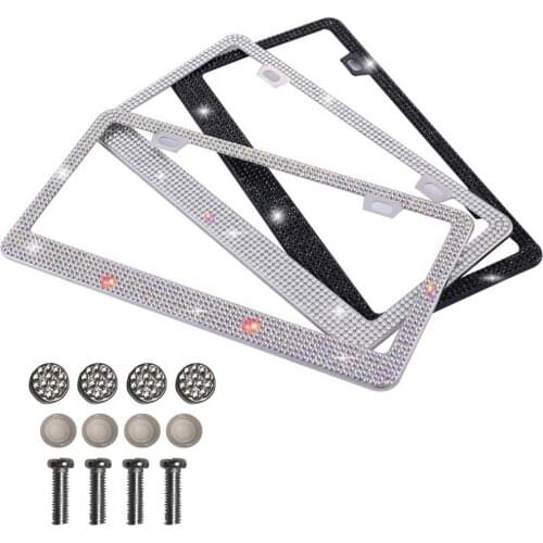 1Pc With Drill Shiny Stainless Steel Crystal License Plate Frame Handcrafted Rhinestone Flash Crystal Bling Car Accessories