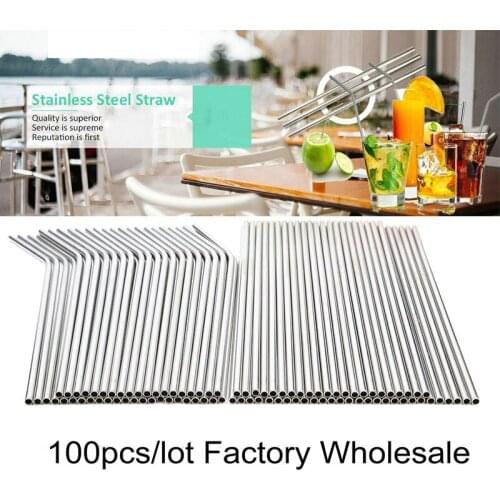 100pcs/lot Metal Straw Reusable Wholesale Stainless Steel Drinking Tubes 260mm*6mm Straight Bent Straws For Drink