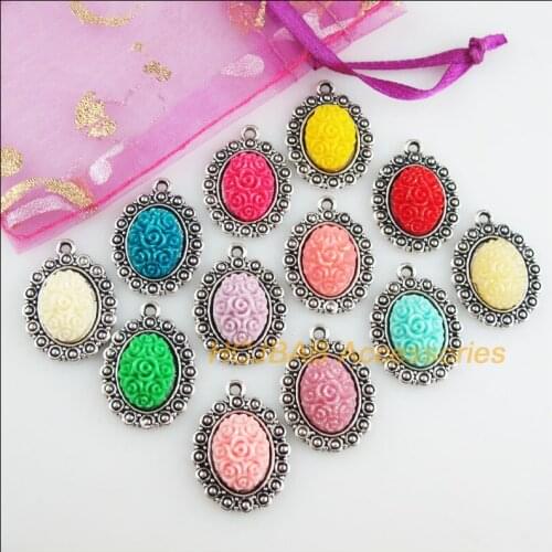 12 New Flower Charms Tibetan Silver Tone Retro Mixed Oval Resin Pendants 18x24mm