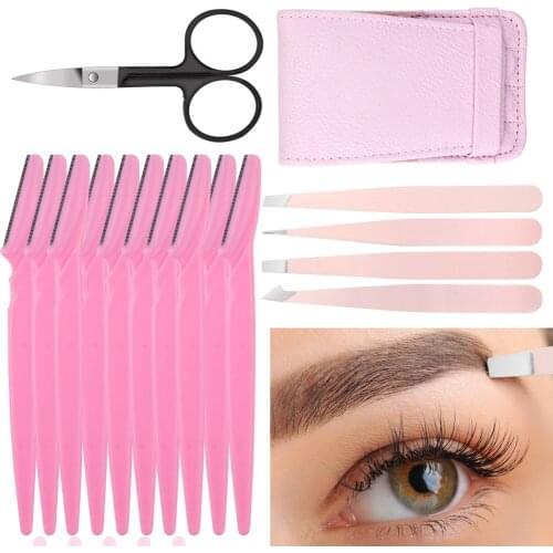 15Pcs Eyebrow Blades Facial Razor Hair Removal Trimmer Eye Brow Tweezer Set Eyelashes Extension Tweezers Portable Makeup Tools