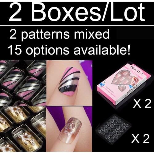 2 Boxes/lot Full Cover Nail Tips,Square Shape fake nails with designs acrylic false nails 2 patterns mixed with nail adhesive